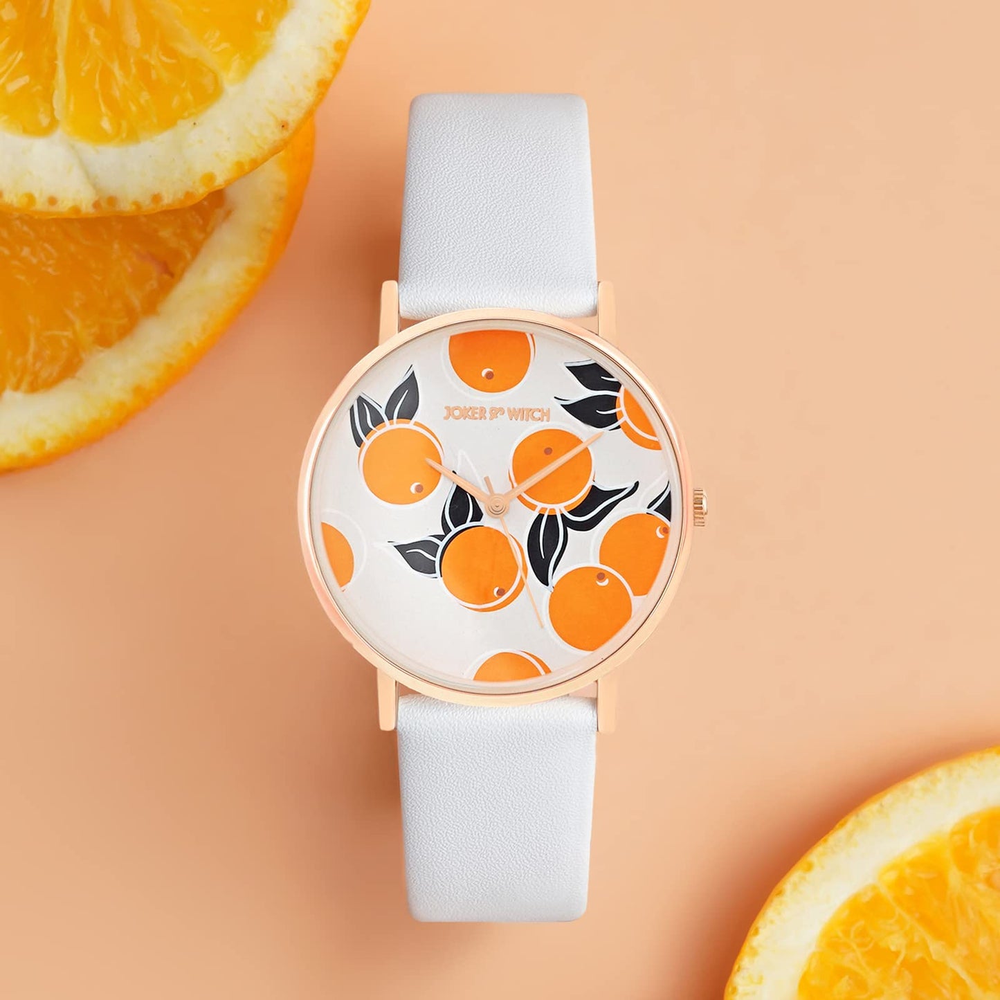 Joker & Witch Leather Women Zesty Orange White Dial Pu Strap Analog Watch, White Band