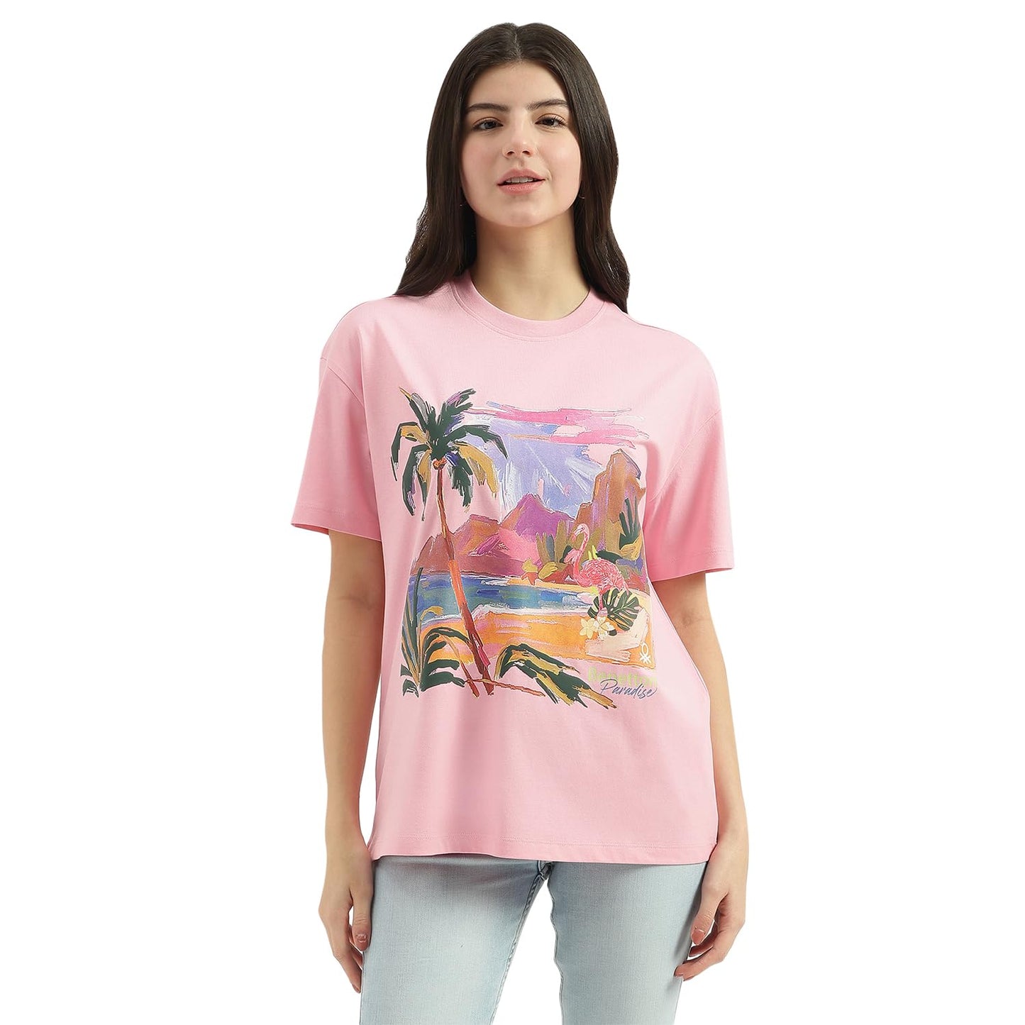 United Colors of Benetton Round Neck Tropical T-Shirt (Size: L)-25P3099W3277I29Y Pink