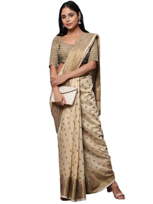 leeza store Women's Khaki Cotton Silk Blend Golden Zari Tree Pattern Border Rich Pallu Banarasi Saree With Blouse Piece