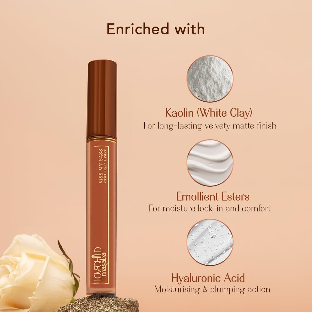 LoveChild Masaba Kiss My Sass Velvet Matte Lipstick (Burgundy Red), Intense Color, Transfer-Proof, Hydrating with Hyaluronic Acid, Long-Lasting & Lightweight, Smooth Glide Formula, OK Boomer! 3.5ml