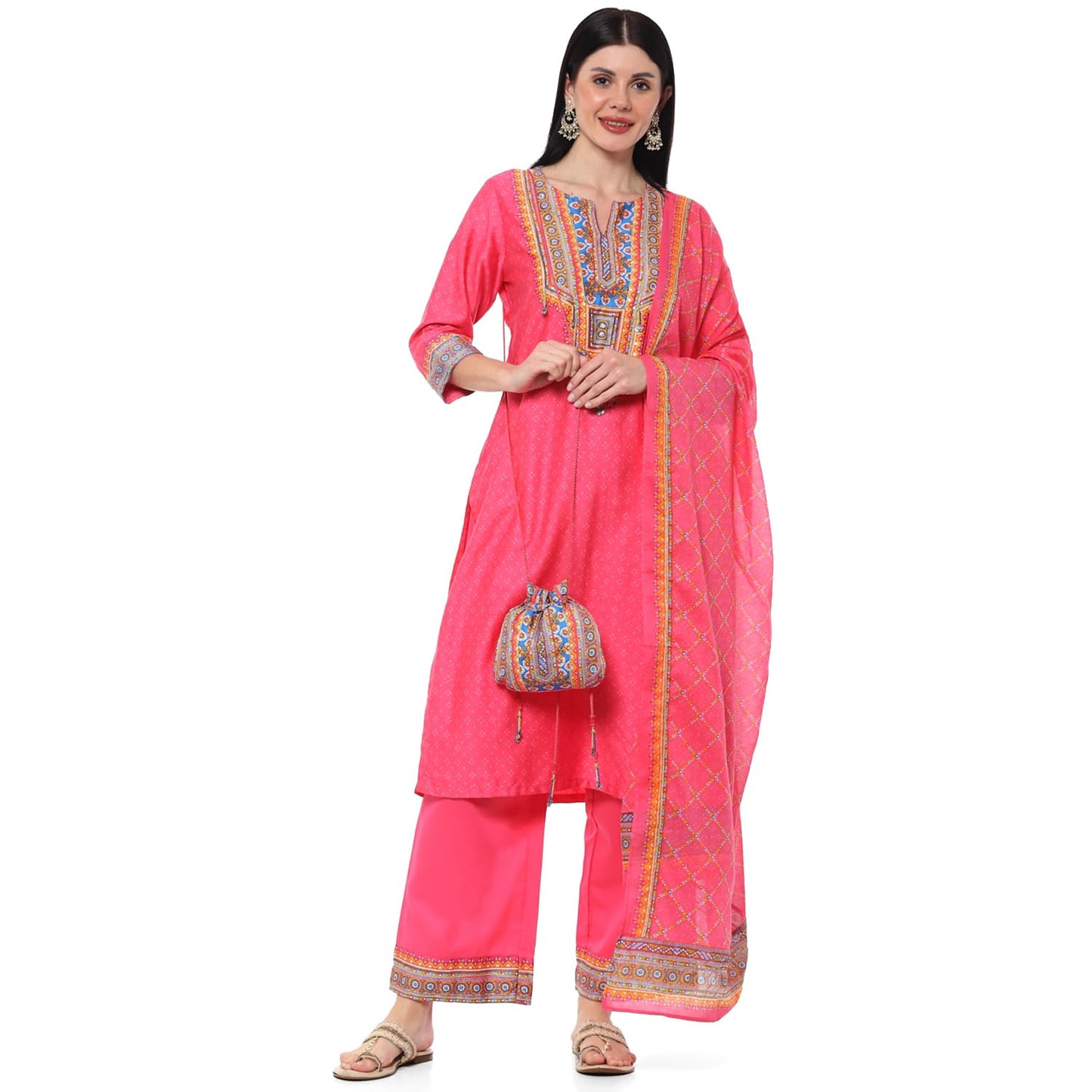 BIBA Women PRINTED STRAIGHT KURTA SALWAR KURTA DUPATTA(SKDINDIE BOHO9454_FUCHSIA_42)