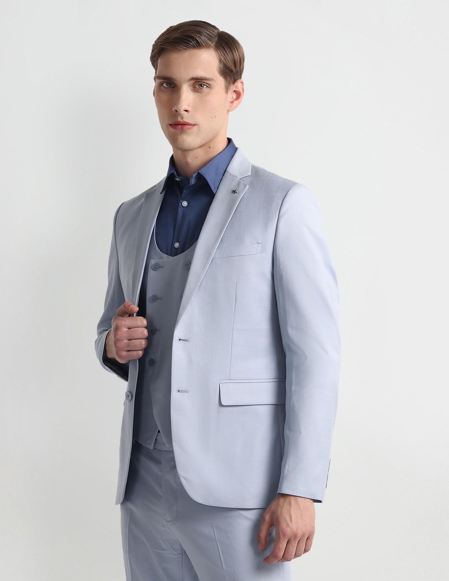 Arrow Graph Check Three Piece Suit Light Blue
