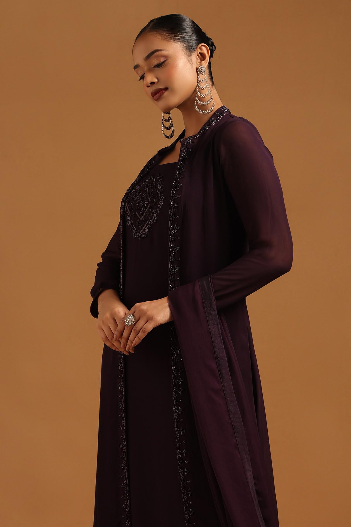 Soch Womens Wine Georgette Solid Salwar Suit With Beads And Stones