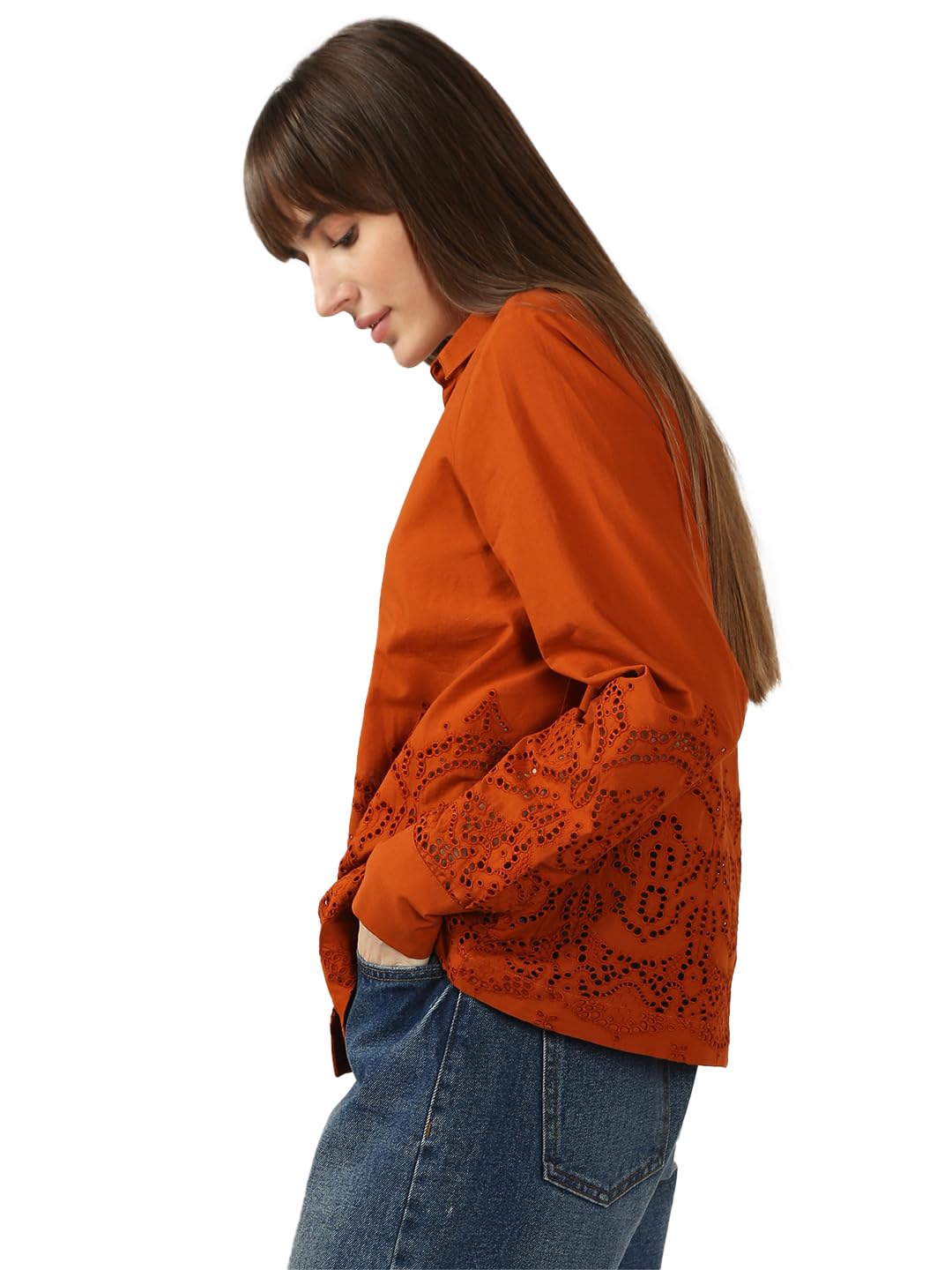 VERO MODA Women's Cotton Regular Fit Brown Shirt