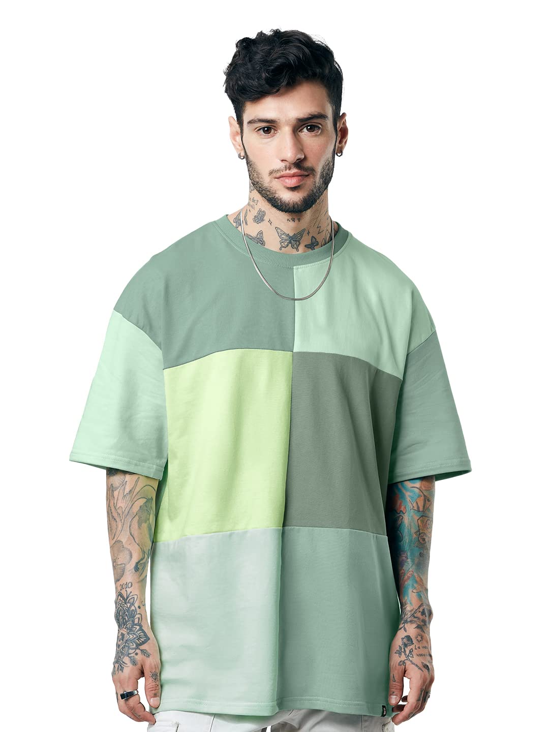 The Souled Store| Solids: Green Colourblock Mens and Boys T-Shirts|Half Sleeve|Oversized fit Solid|100% Cotton Multicolored Men Oversized T-Shirts