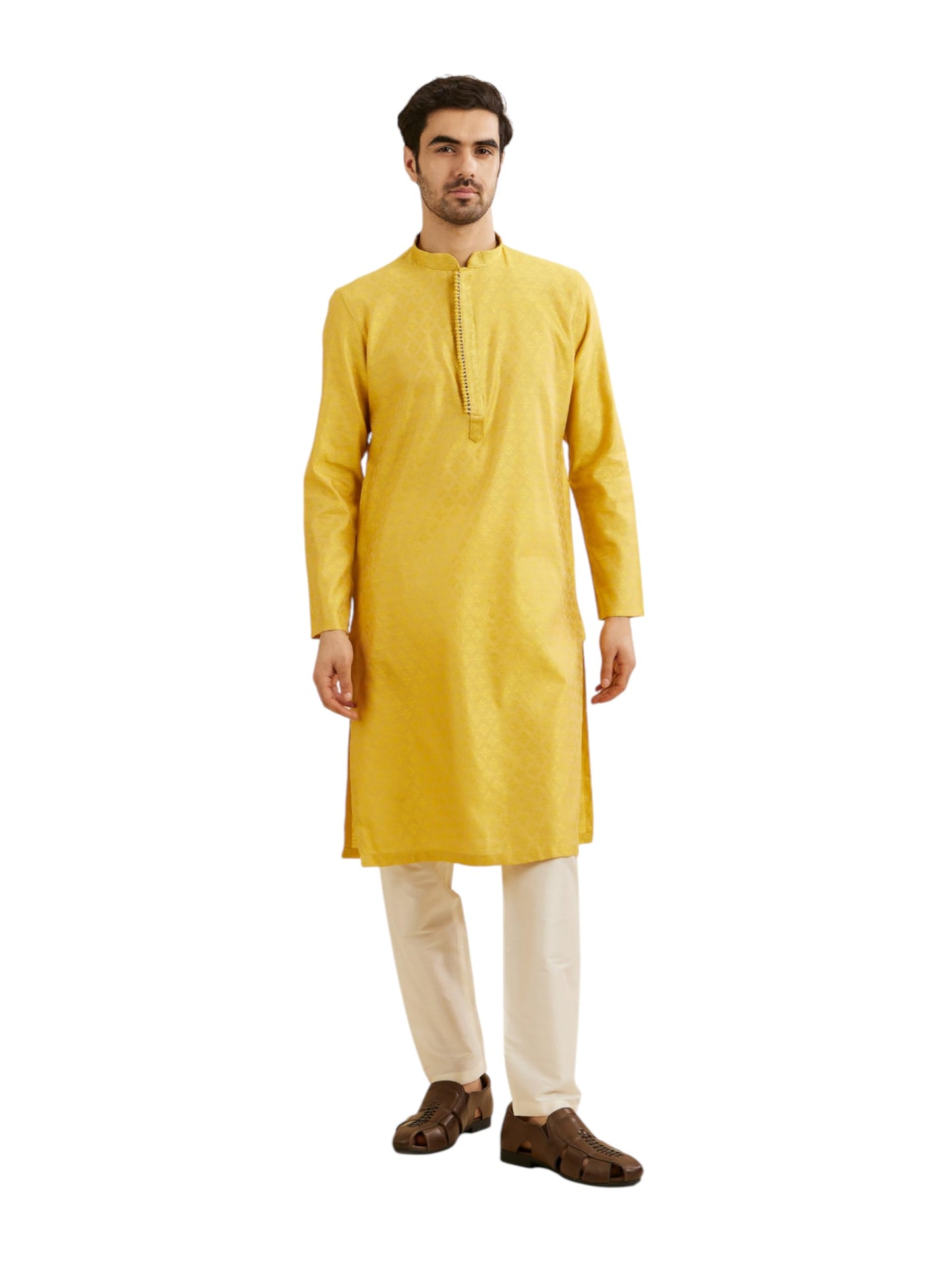 Manyavar Men's Art Silk Embroidered Kurta Pyjama Set (Mustard,XL)