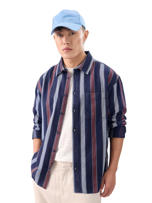 The Souled Store Stripes: Blue, Rust Red Men and Boys Long Sleeves Collared Neck Button Front Cotton Relaxed Fit Shirts