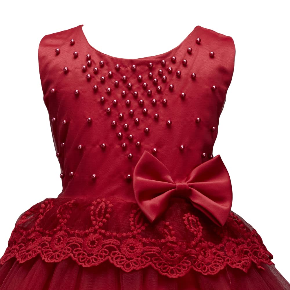 Hopscotch Girls Sleeveless Pearl Applique Party Dress In Red Color for Ages 5-6 Years