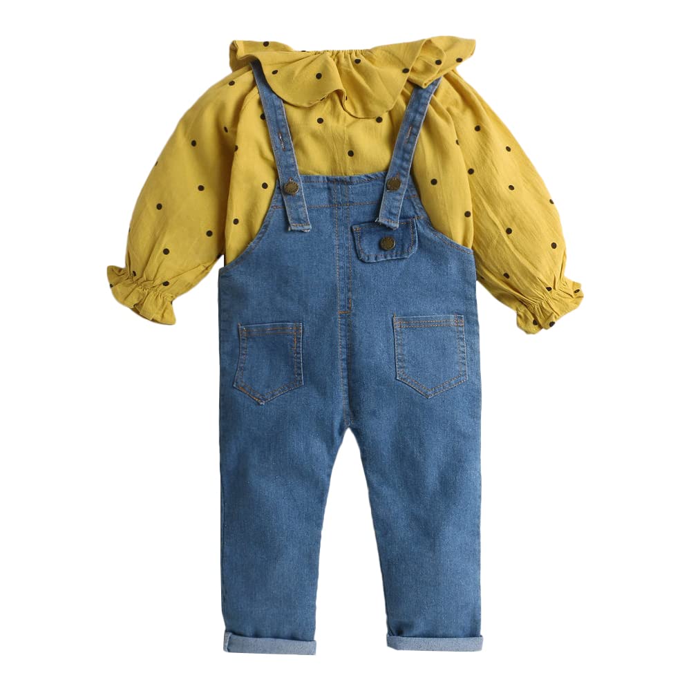 Hopscotch Girls Polka Dot Print T-shirtDungaree Set In Yellow Color for Ages 2-3 Years
