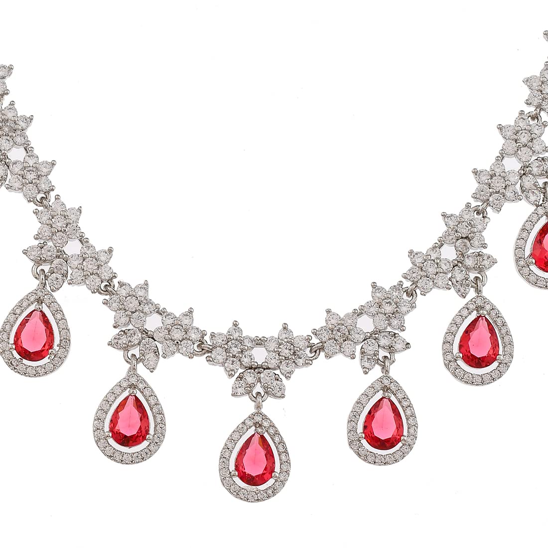 VOYLLA Cz Elegance Red Teardrop Silver Plated Necklace Set