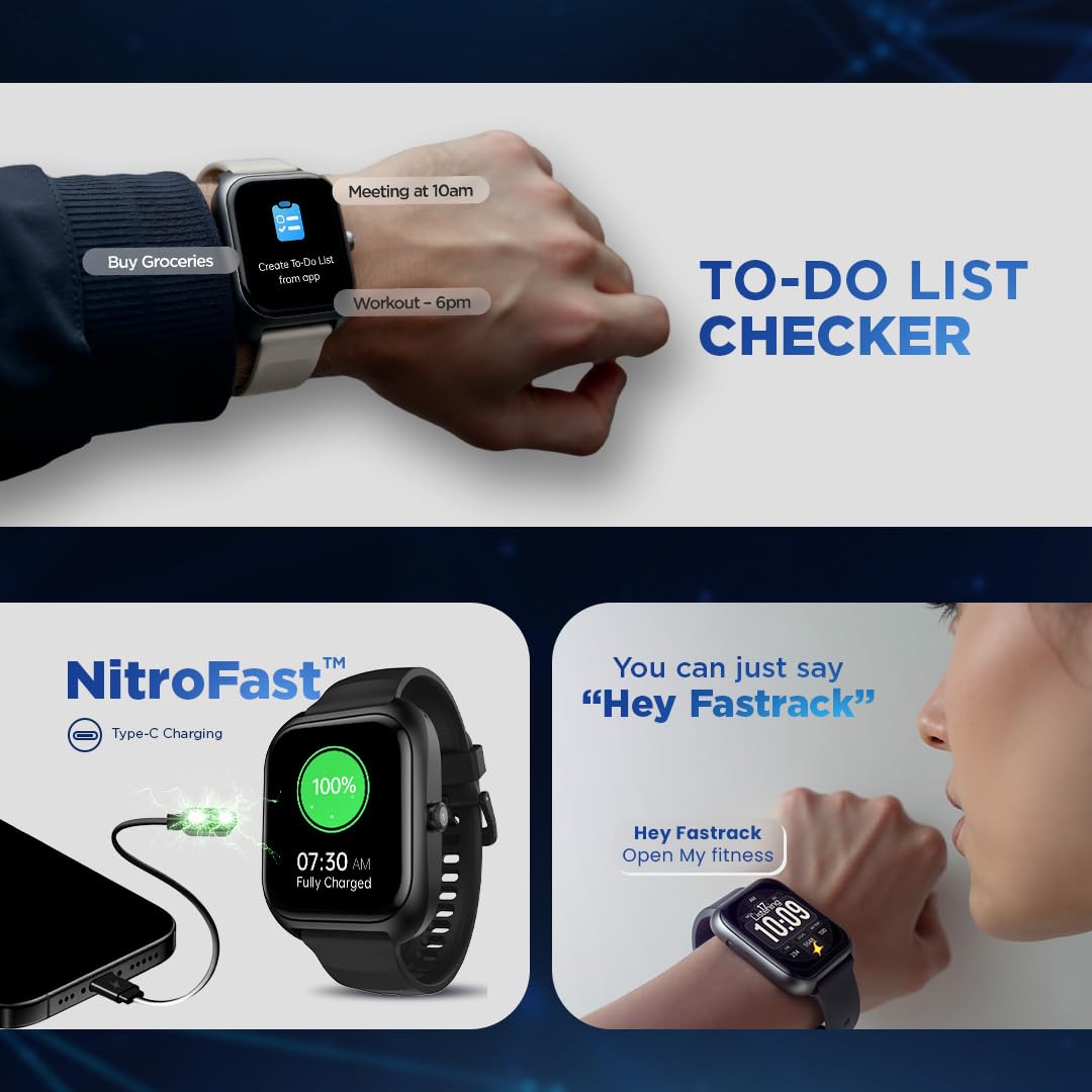 Fastrack Vox Plus 1.85” Smart Watch for Men & Women with Ultra VU Display,to-do List,BT Calling, Offline Voice Commands, 24/7 Health Suite (SPO₂, HRM, Sleep), IP68, Games & Multiple Watch Faces