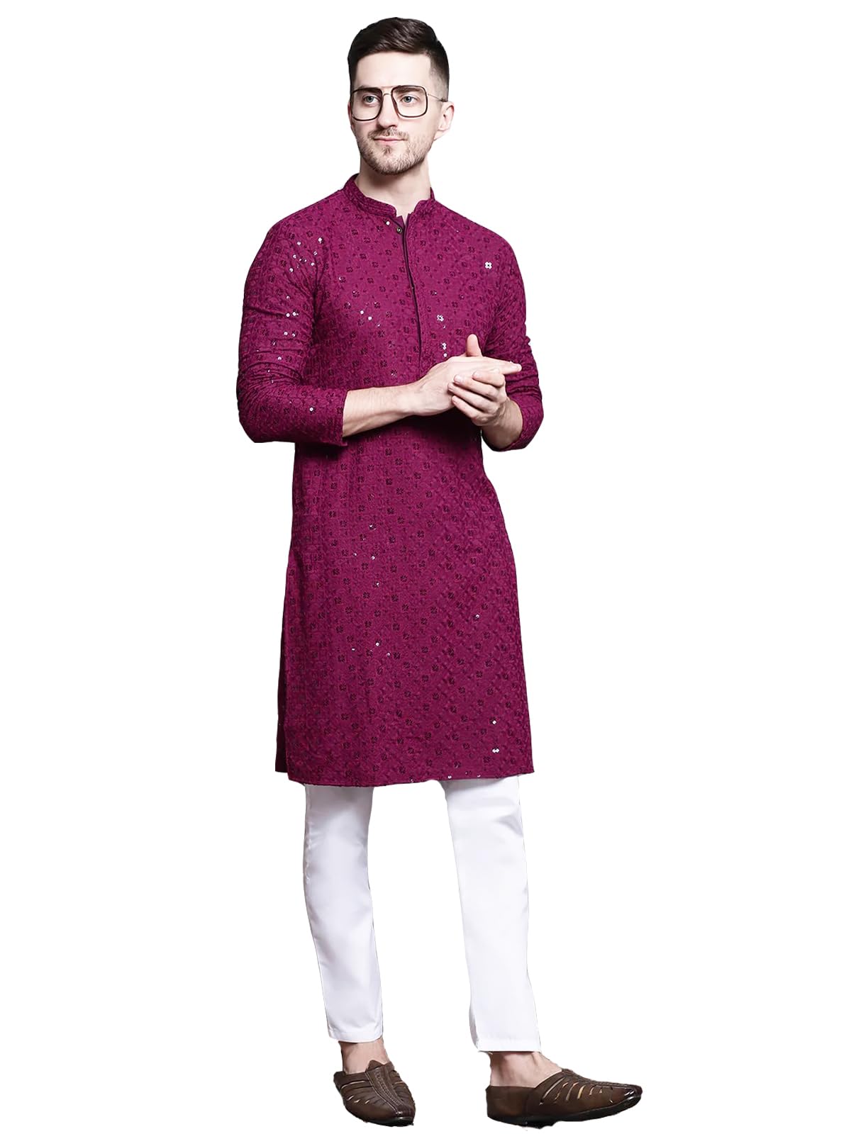 Boldwink Lucknow Chikan Men's Pure Cotton Kurta Pajama Set, Full Booty
