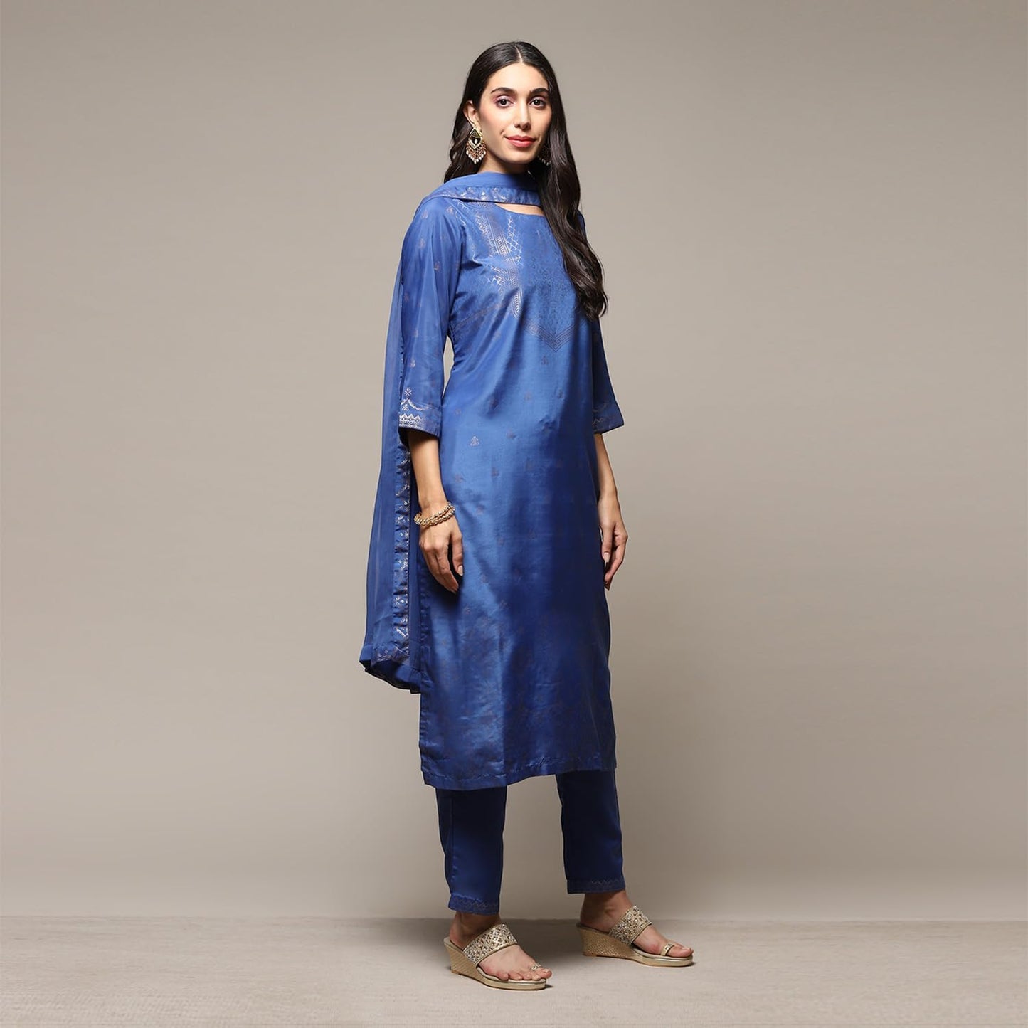 BIBA Women's Polyester Printed Narrow Salwar Kurta Dupatta (Skdassorted7666E_Blue_32)