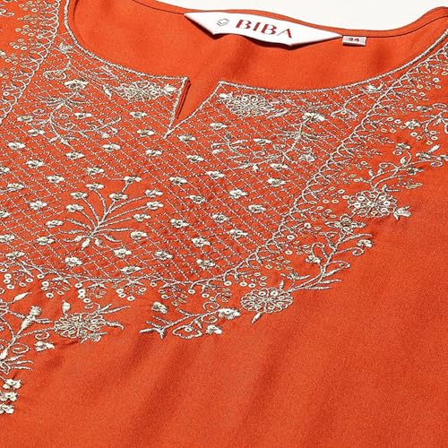 BIBA Women's Burnt Orange Rayon Straight Kurta Pants Suit Set_42