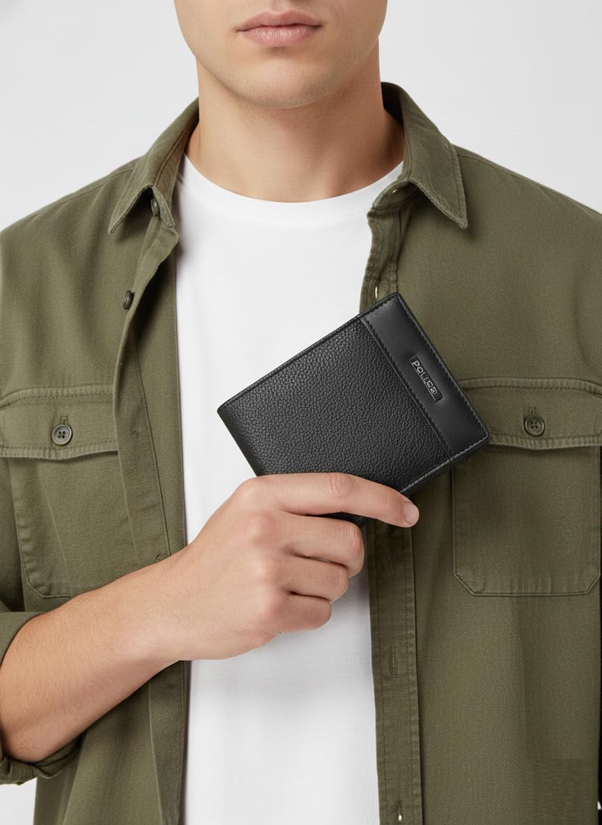 Police Waterline Men's Leather RFID Credit Card Wallet - Black
