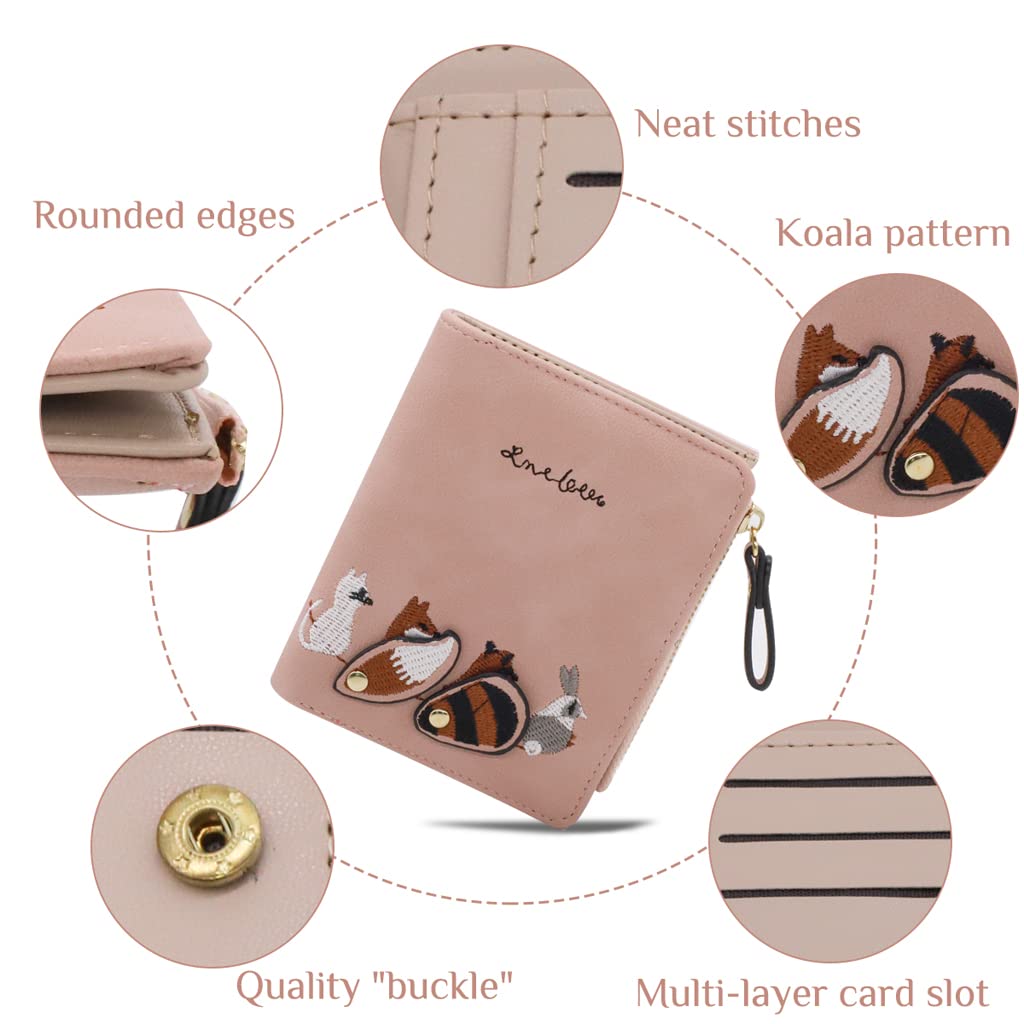 PALAY® Wallets for Women Stylish PU Leather Coins Zipper Pocket Cute Mini Animals Embroidery Short Wallet Card Holder Billfold Purse Wallet Gift for Girls (Pink)