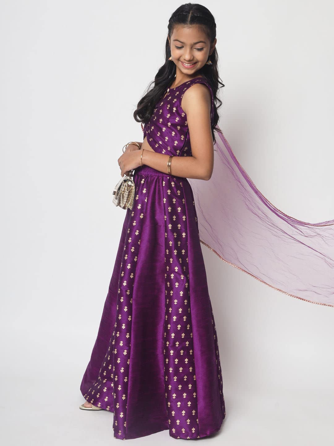 studio rasa Girls Dupion Block Printed Kalidaar Kids Skirt for Wedding Party Festive(GSC12302/15-16_Purple_15-16yrs)