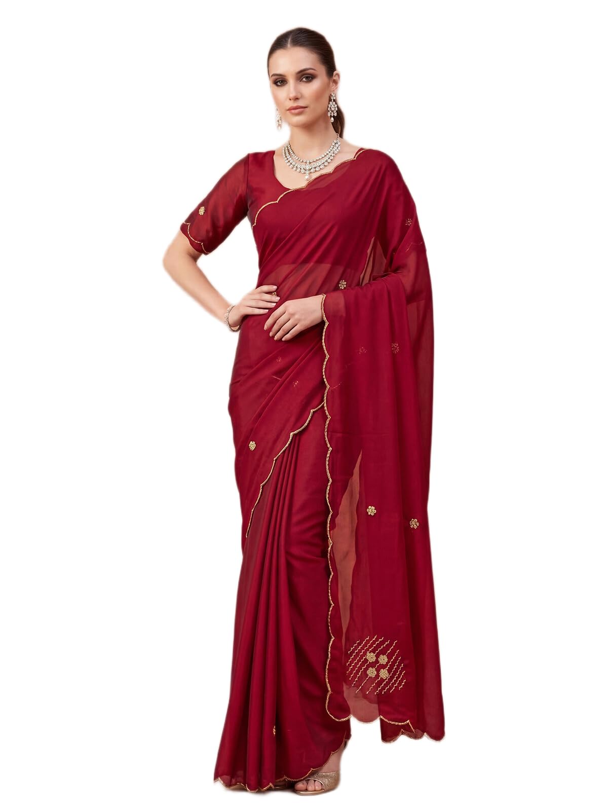 SIRIL Women's Silk Scalloped Border Saree with Unstitched Blouse Piece (5077S843A_Maroon)