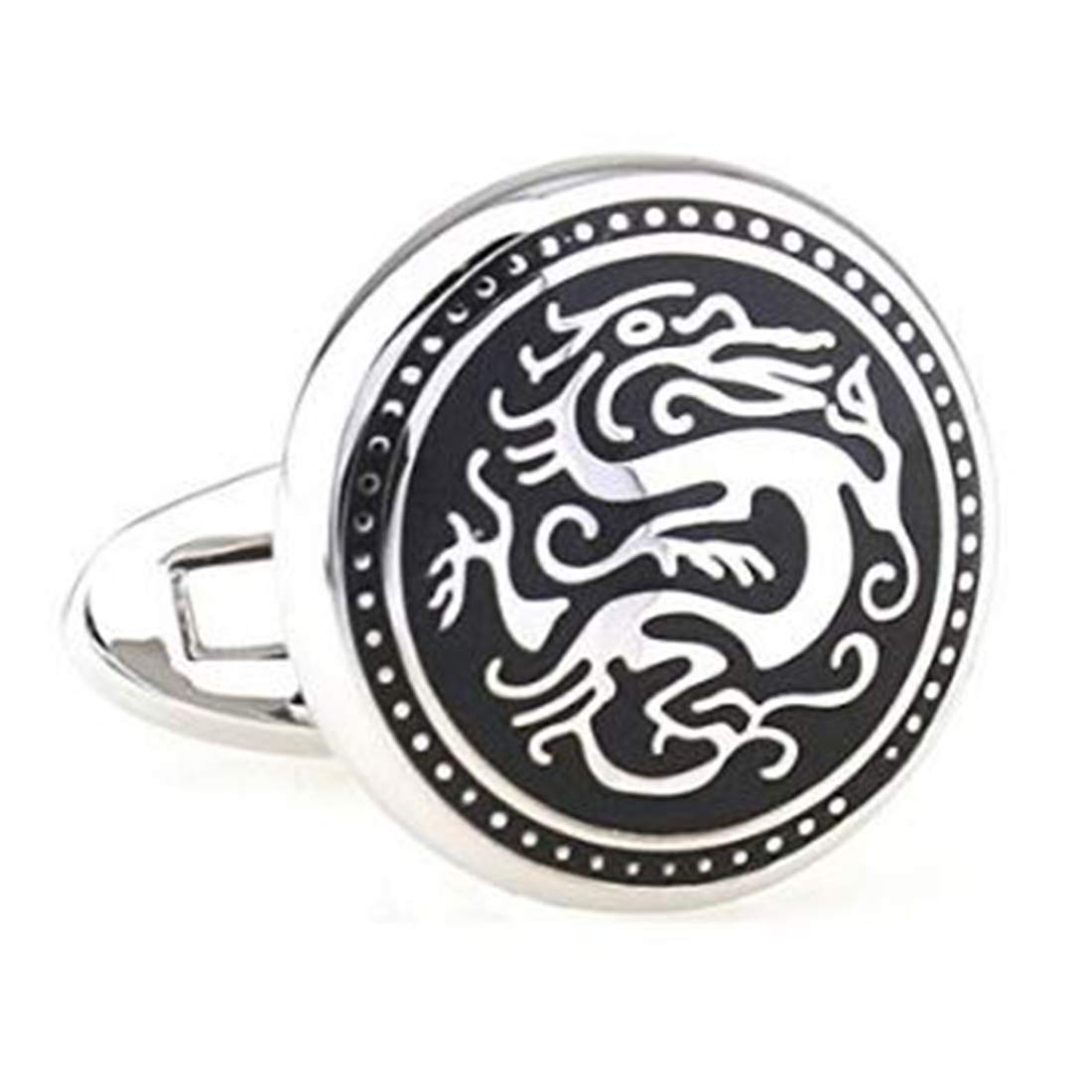 Peora Executive Silver Tone Black Enamel Game of Thrones Targaryen Intricate Dragon Round Classic Cufflinks for Men Business Corporate Wedding Gift