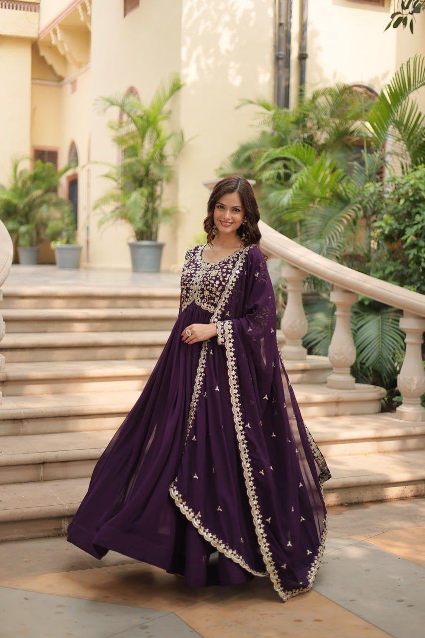 Mehervaa by vinni Women's Purple Embroidered Anarkali Suit Set with Dupatta, Gold Zari Work, Long Sleeve Ethnic Gown (in, Alpha, L, Regular)
