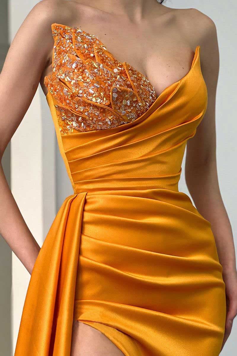 Prom Dresses 2024 Strapless Mermaid Sequin Beaded Satin Long Slit Evening Gowns for Women Bridesmaid Dresses, Emerald Green, 16