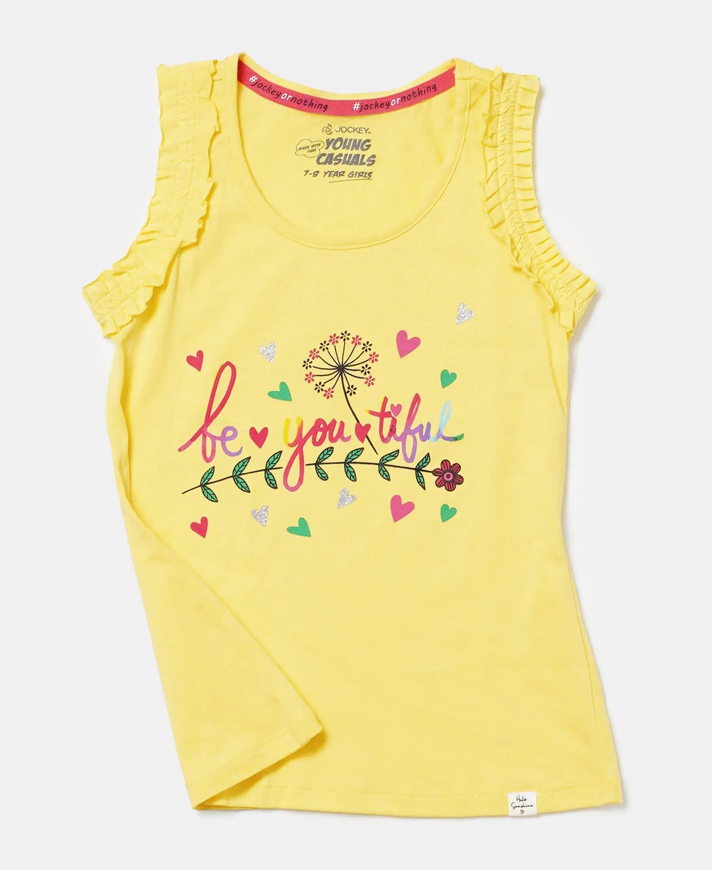 Jockey Girls Super Combed Cotton Rib Regular Fit Solid Tank Top with Graphic Print_Style_CG19_Yellow Cream_7-8 Yrs