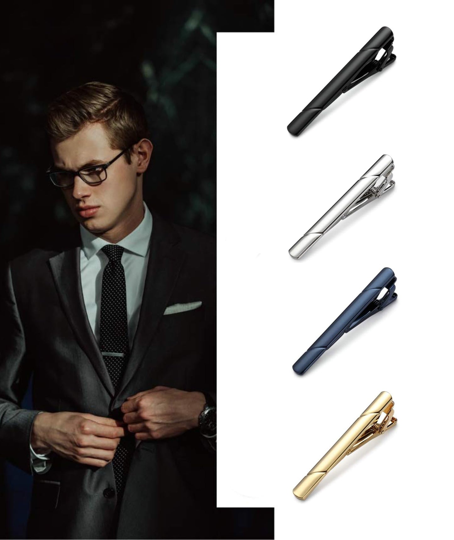 4 Pcs Tie Pin, Tie Pin for Men Formal, Tie Clip for Men Plain Twill Tie Clip High-End Fashion Business Tie Clip Suitable for Formal Suit for Men (Black Silver Gold Blue)