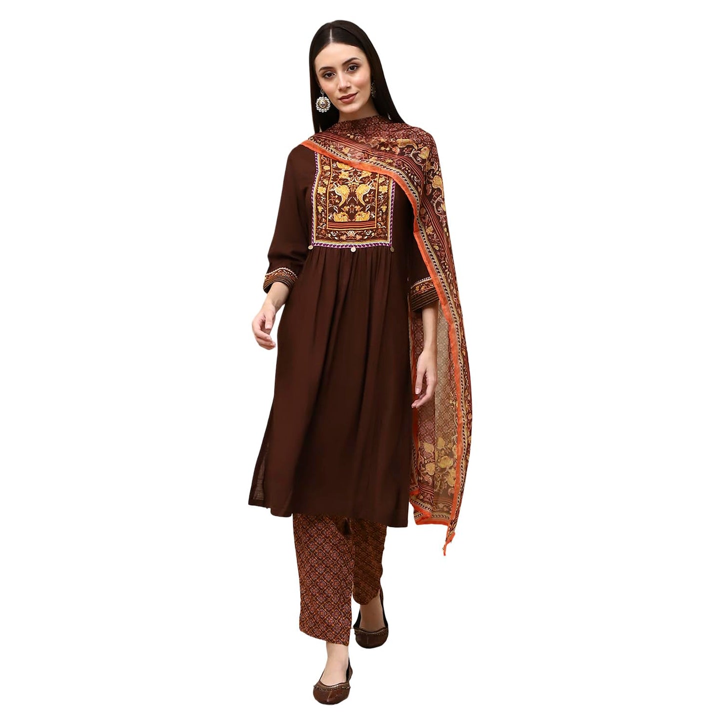 Biba Women Brown Rayon Viscose Narrow Kurta Set_46