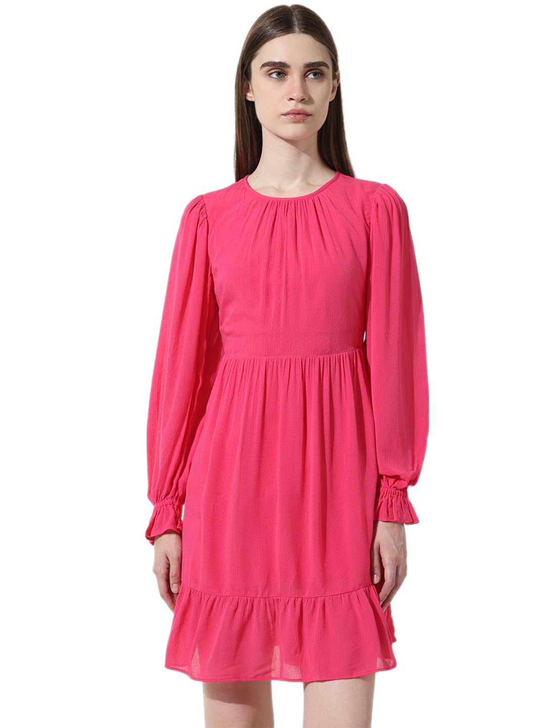 ONLY Women Solid Viscose Above Knee Pink Tiered Dress