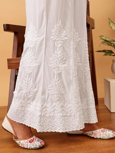 Ada Hand Embroidered Lucknow Chikankari Modal Flared Palazzo Pant Culottes for Women A711189 White (L)