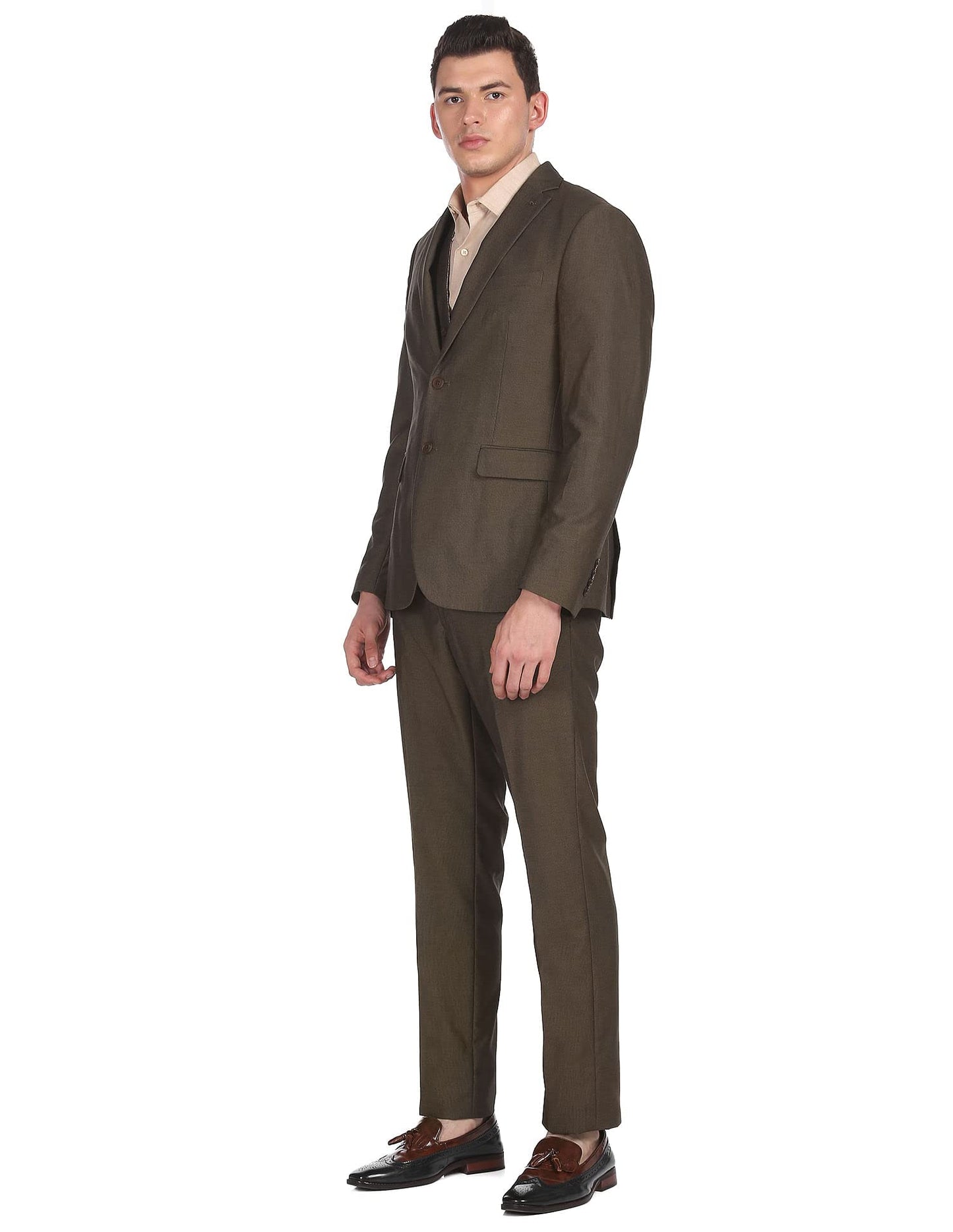 Arrow Polyester Men Brown Tailored Regular Fit Three Piece Suit Business Pants Set (ARADSU5556 44)