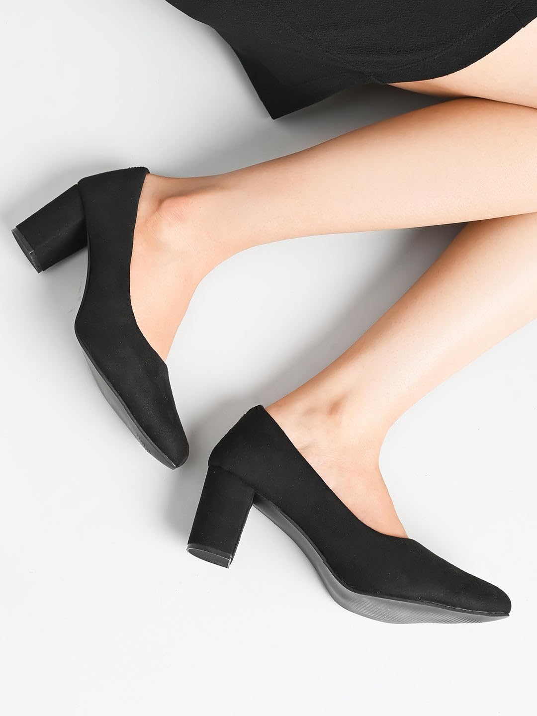 XE Looks Classic Black Pumps | Chic Suede Finish | Comfortable & Stylish Block Heel For Girls & Womens