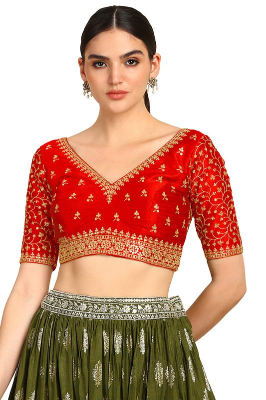 Soch Womens Red Zari Embroidery Padded Silk Blend Blouse with Sequins