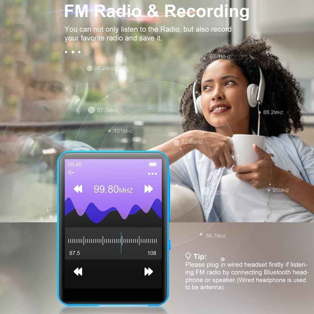 AUDIOCULAR M31 16GB Portable Mp3 Music Player with Bluetooth, 2.4” LCD Touch Screen, Video Playback, Built-in Speaker, Voice Recording Function Mini HiFi Lossless Digital Audio Player (16GB - Blue)