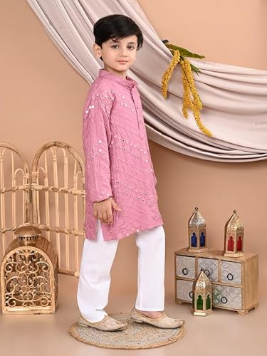superminis Boy's Rayon Kurta with Mirror Embroidery and Pyjama with Elastic Closure (8-9 Years, Pink)