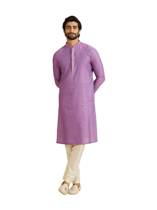 Manyavar Men's Viscose Blend Self Design Kurta Pyjama Set (Purple,XXL)