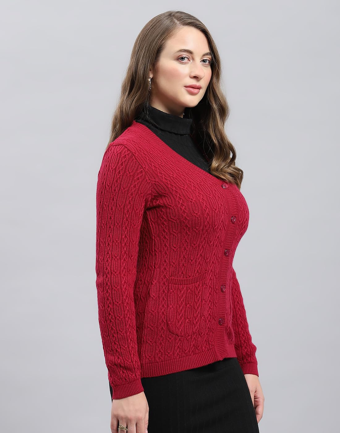 Monte Carlo Womens Self Design V Neck Wool Blend Cardigan Maroon L