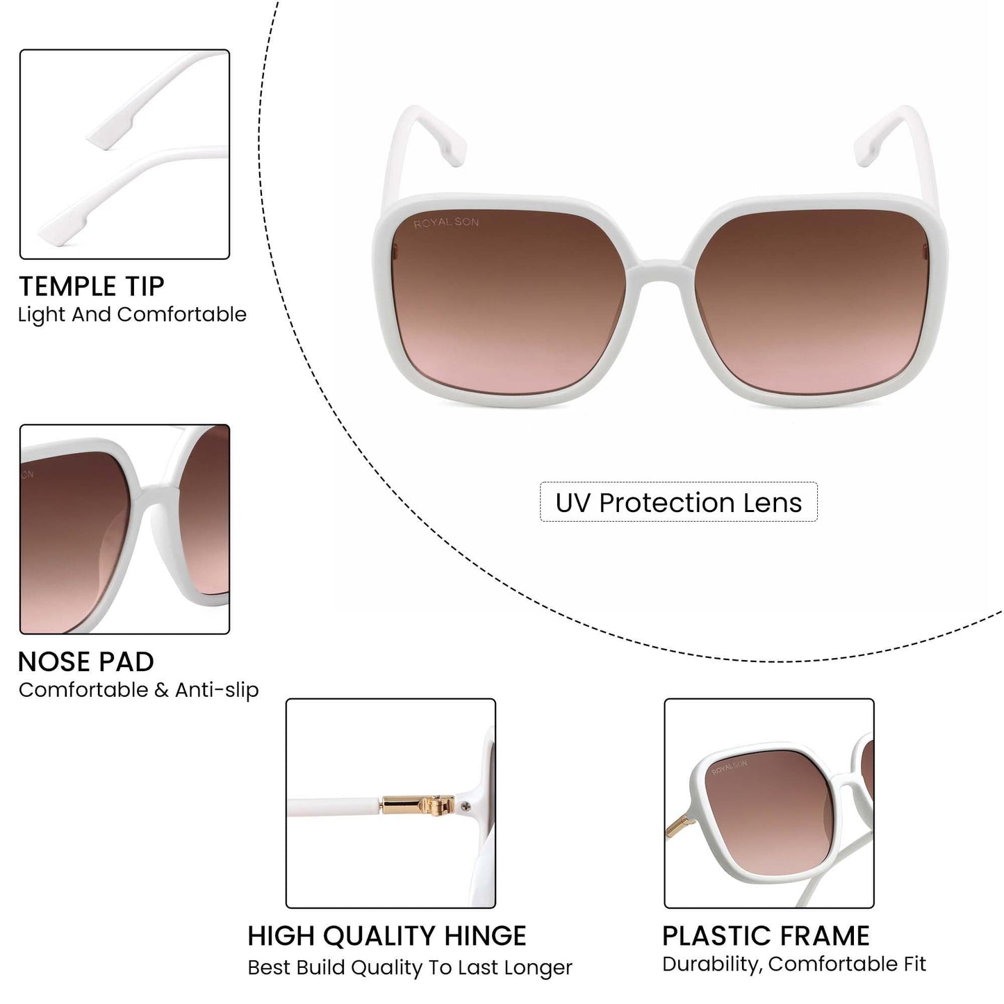 ROYAL SON Women Oversized Non-Polarization Sunglasses White Frame, Brown Lens (Large)