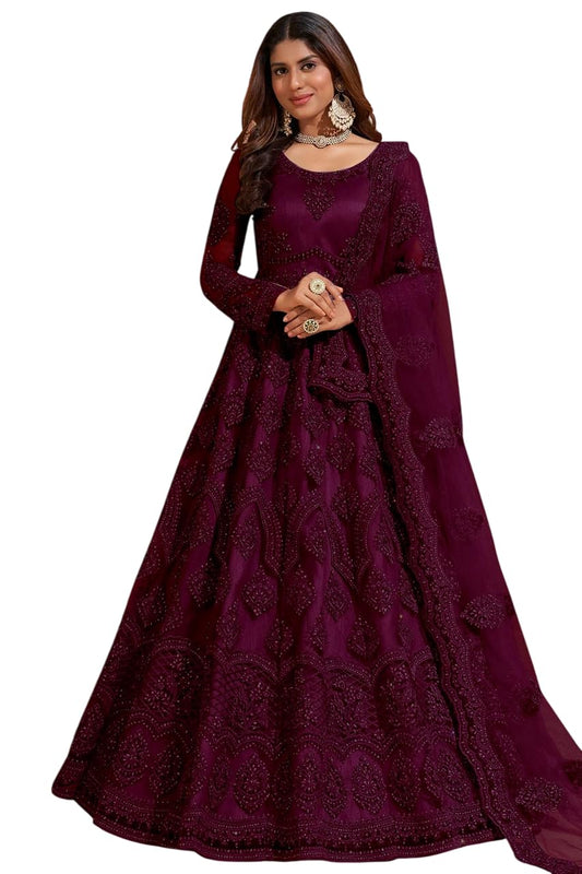 JULEE Women A-Line Maxi Net Embroidered Semi-Stitched Gown (Sunita Gown Dark Rani) 6XL