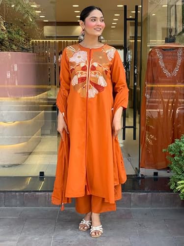 AVYUKTHA | Women Floral Embroidered Kurta with Pyjamas & Dupatta | Thread Work Ethnic Kurta Set for Women | Festive & Daily | Orange | Size- S