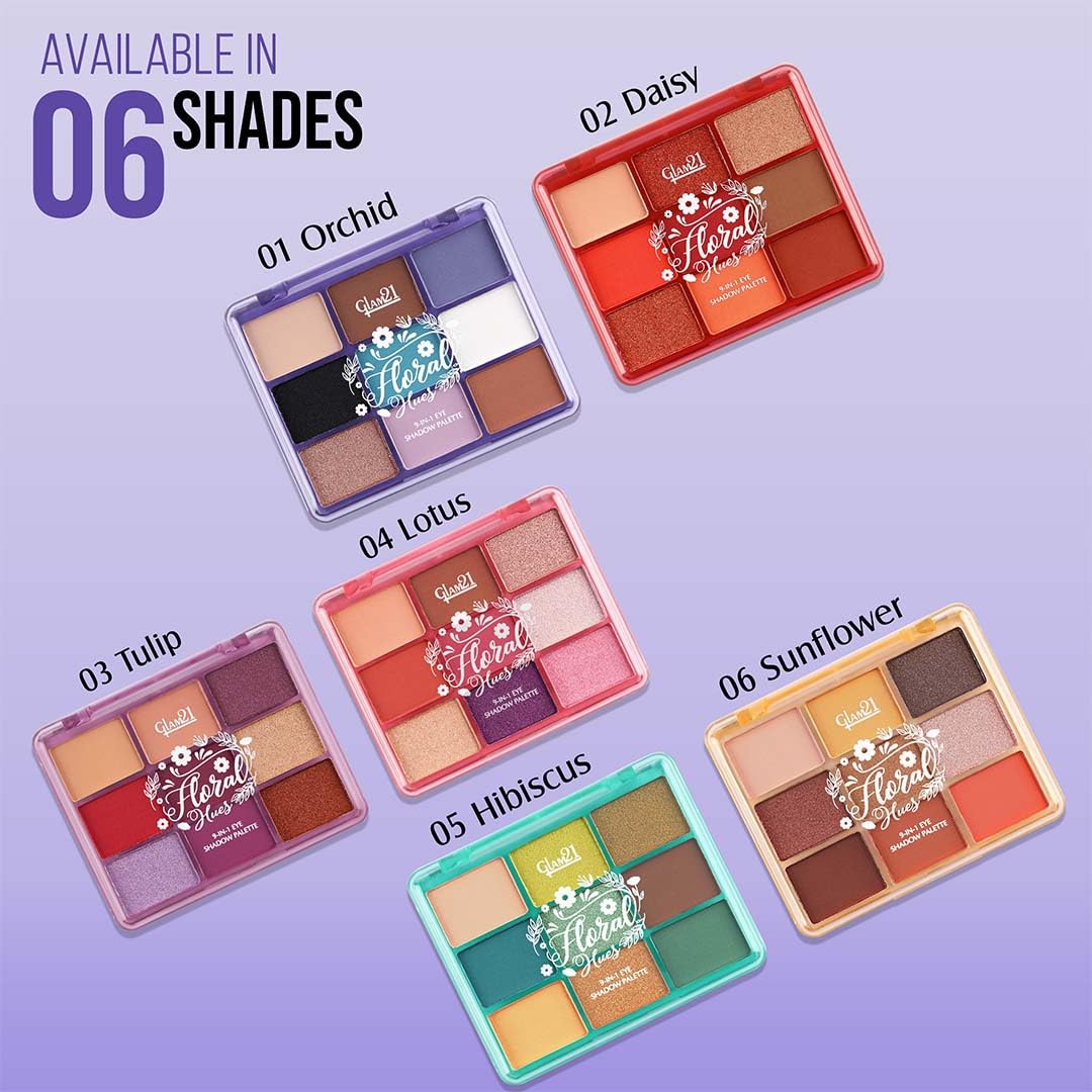 Glam21 Floral Hues 9 In 1 Eyeshadow Palette | Highly Pigmented | Easy To Carry | Super-Blendable | Mix of Matte and Shimmers Smudge-Proof (7.2 gm) | 01- Orchid