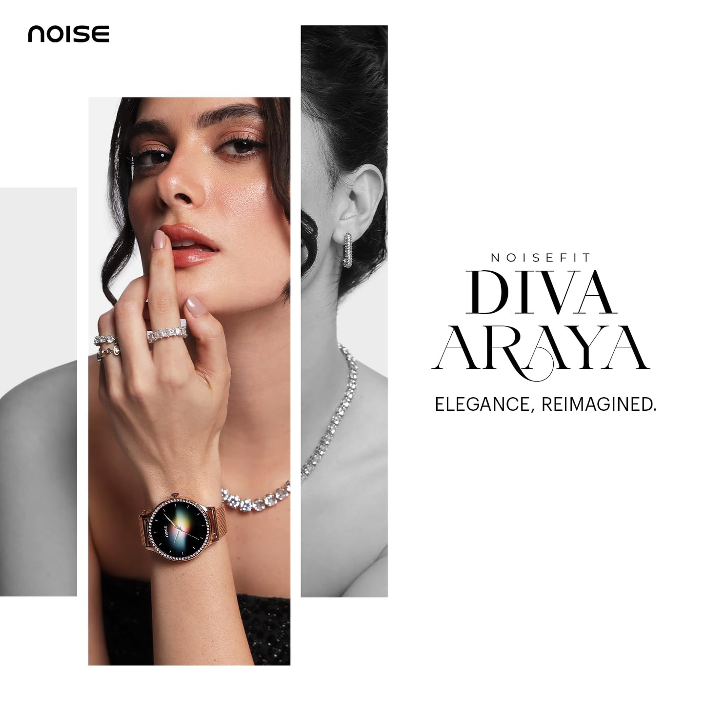 Noise Diva Araya Smartwatch for Women with AMOLED Display (850 Nits), 60 Precision-Set Crystals, Cycle Tracking, Skin Temperature, SOS with Live Location, 100+ Watch Faces - Iconic Silver