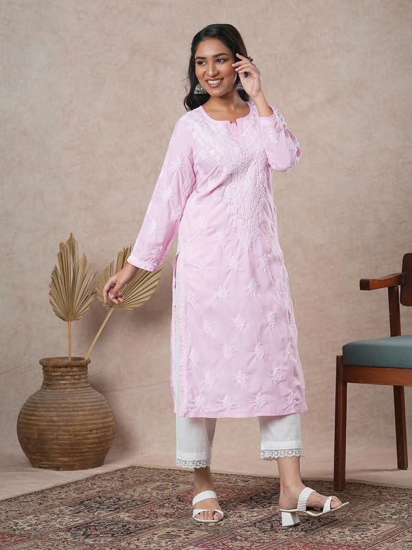 Ada Hand Embroidered Lucknowi Chikankari Cotton Kurta Kurti for Women A411687 Light Pink (4XL)