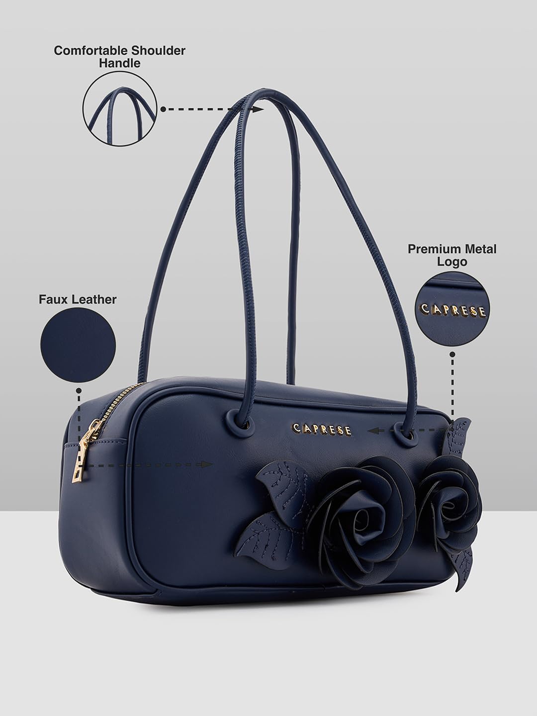 Caprese Bloom Baguette Medium Navy Shoulder and Handheld Bag|Chic, Versatile Design for Everyday Use, Stylish Handbag for Casual or Formal Occasions, Perfect for Work, Travel, and Special Events