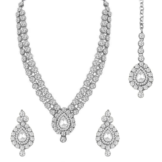 Peora Silver Plated Crystal Studded Necklace Earrings Maangtikka Set Contemporary Jewellery for Women