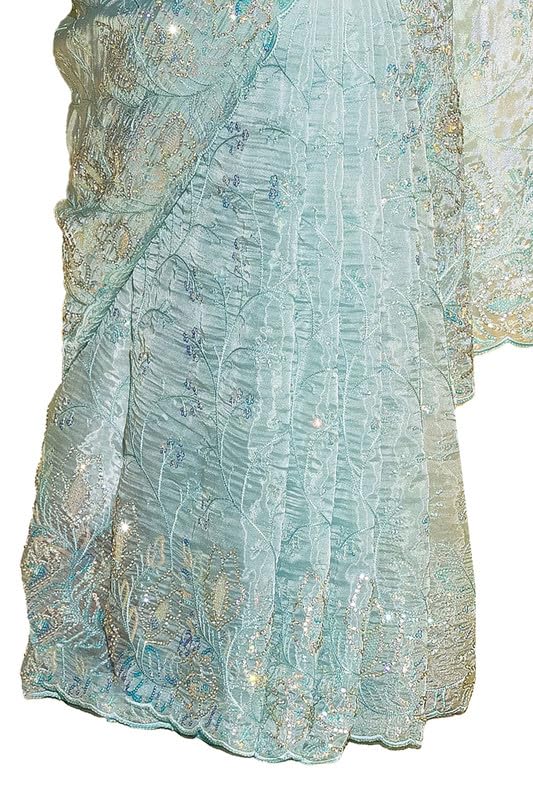 Soch Womens Powder Blue Organza Embroidered Saree With Stones And Sequins