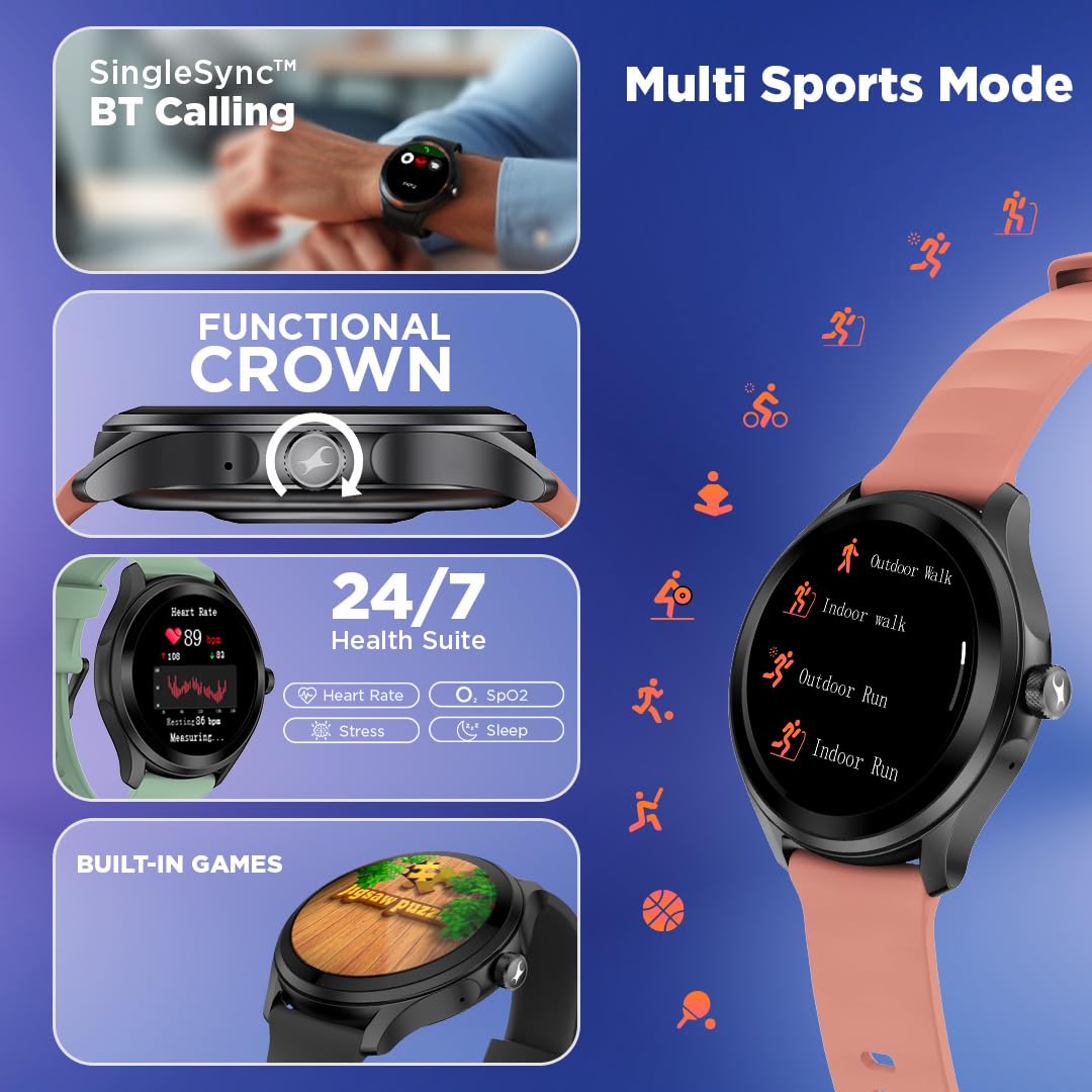 Fastrack VOX Pro Smart Watch with Offline Voice Commands,to-Do List, Rotary Crown, 1.38” TFT Display, BT Calling, 24/7 Health Suite, SpO2, HRM, Sleep Tracking, IP68 Water Resistant - Onyx Black