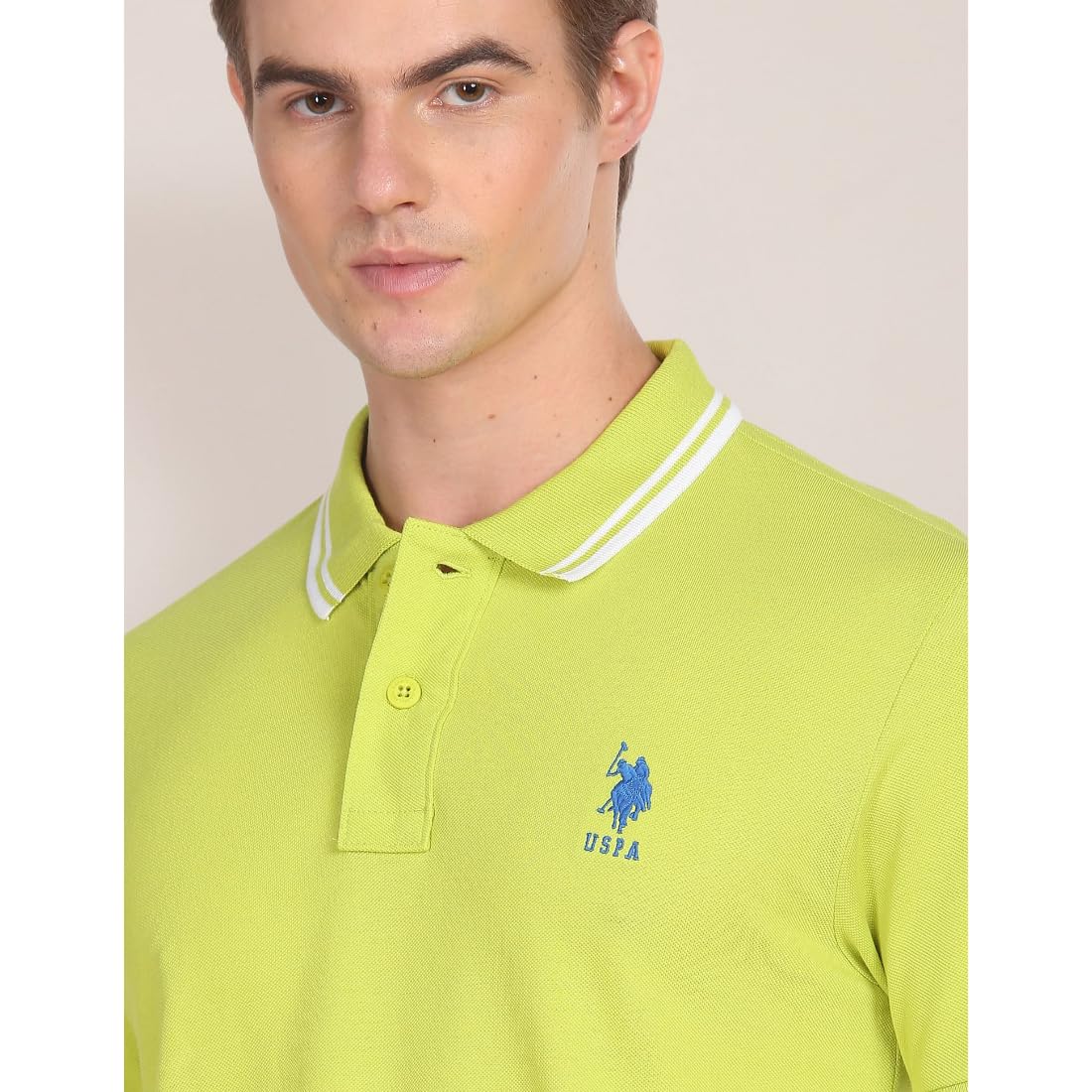 U.S. POLO ASSN. Men's Tipped Collar Pure Cotton Slim Fit Polo Shirt (USTSHS1541_Lt. Green_Lt. Green_S)