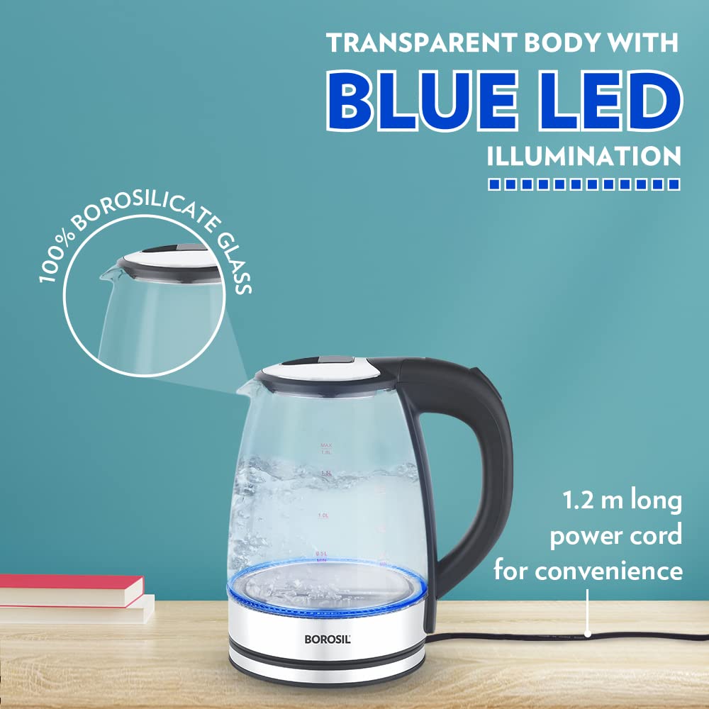 Borosil Electric Glass Kettle, Borosilicate Glass, Extra Long Cord, Dry-Boil Protection, 360° Rotating Base, 1.8 L, Transparent, 1500 Watts