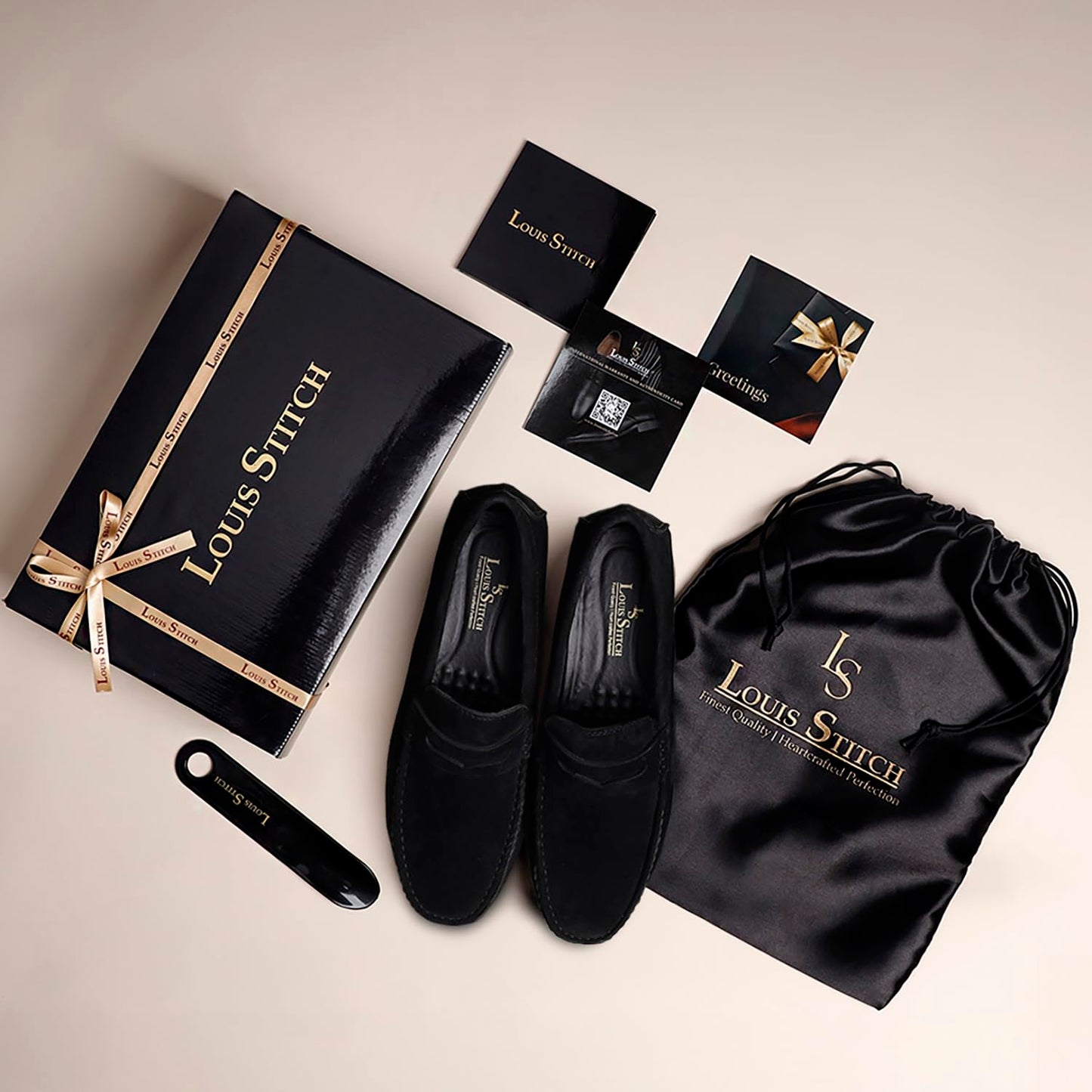 LOUIS STITCH Men's Obsidian Black Demesure Unerobe Italian Suede Leather Shoes Moccasin Style Handmade Loafers for Men (ITSU) (Size-9 UK)